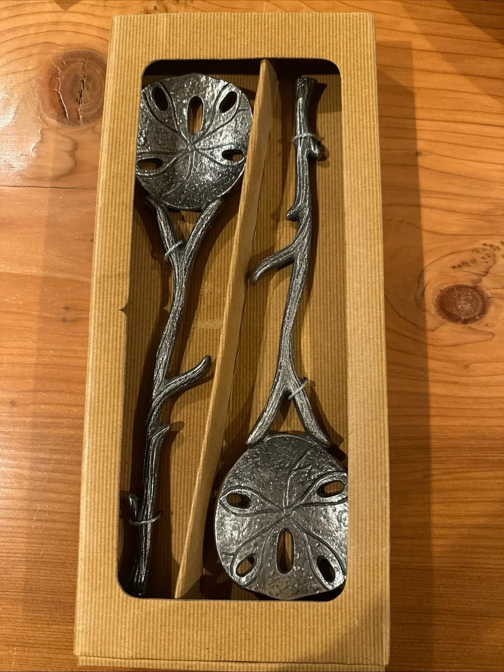 NEW Pottery Barn Sand Dollar Salad Servers Set Twig Handles Coastal Serving NIB